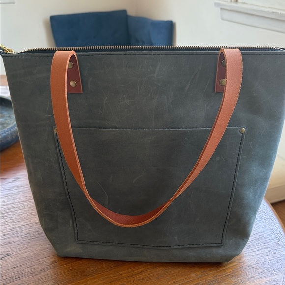 PORTLAND LEATHER GOODS - Medium Storm Blue Tote Bag with Tan Straps - Picture 9 of 10